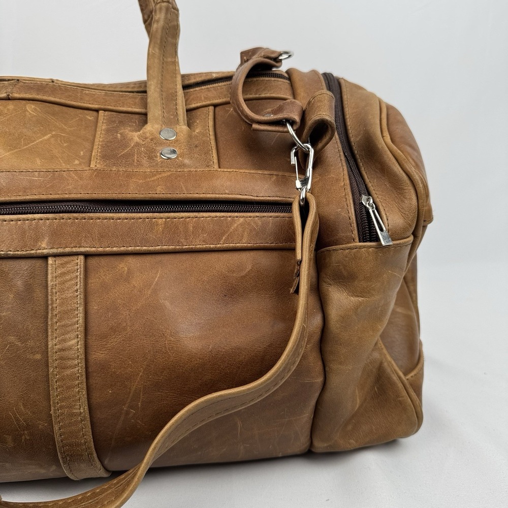 Vtg Tan Leather Duffle Bag Travel Weekender Gym Luggage Side Grab Handles 22" - Picture 6 of 13